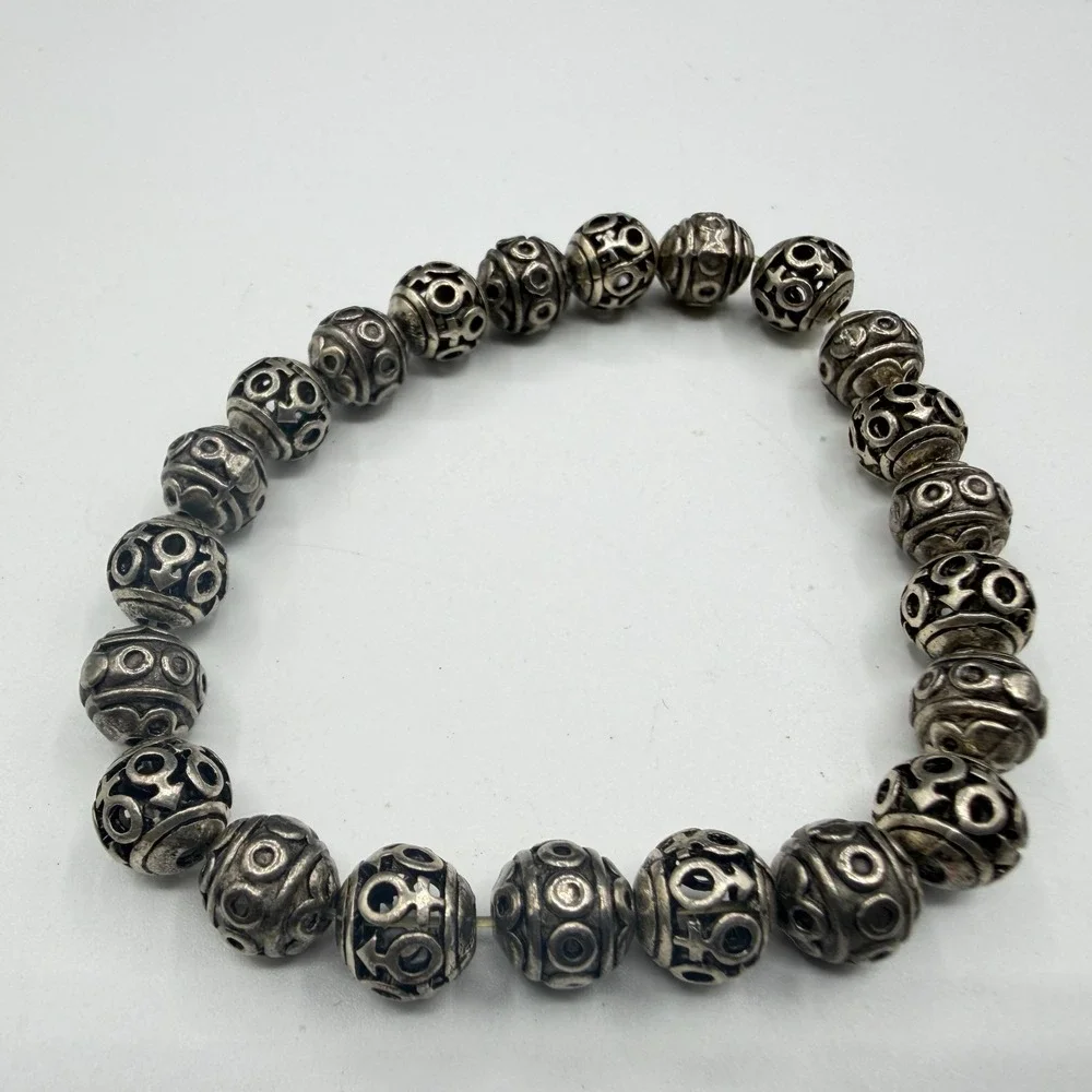 Silver Tone Ornate Beaded Stretch Bracelet Boho Statement Stackable Gift Fashion